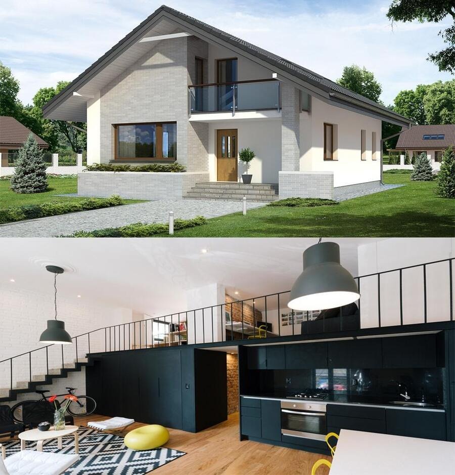 Nhà hiện đại 2 tầng với ngoại thất gạch trắng và nội thất tối giản, cầu thang dẫn lên tầng lửng trong phòng khách.