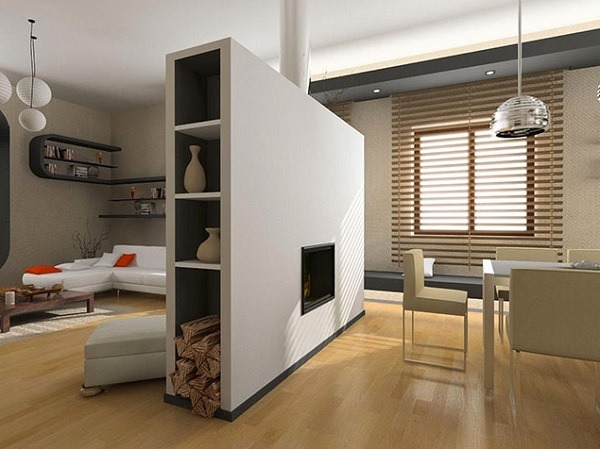 Phòng khách hiện đại với lò sưởi, nội thất sang trọng và ánh sáng tự nhiên từ cửa sổ lớn.