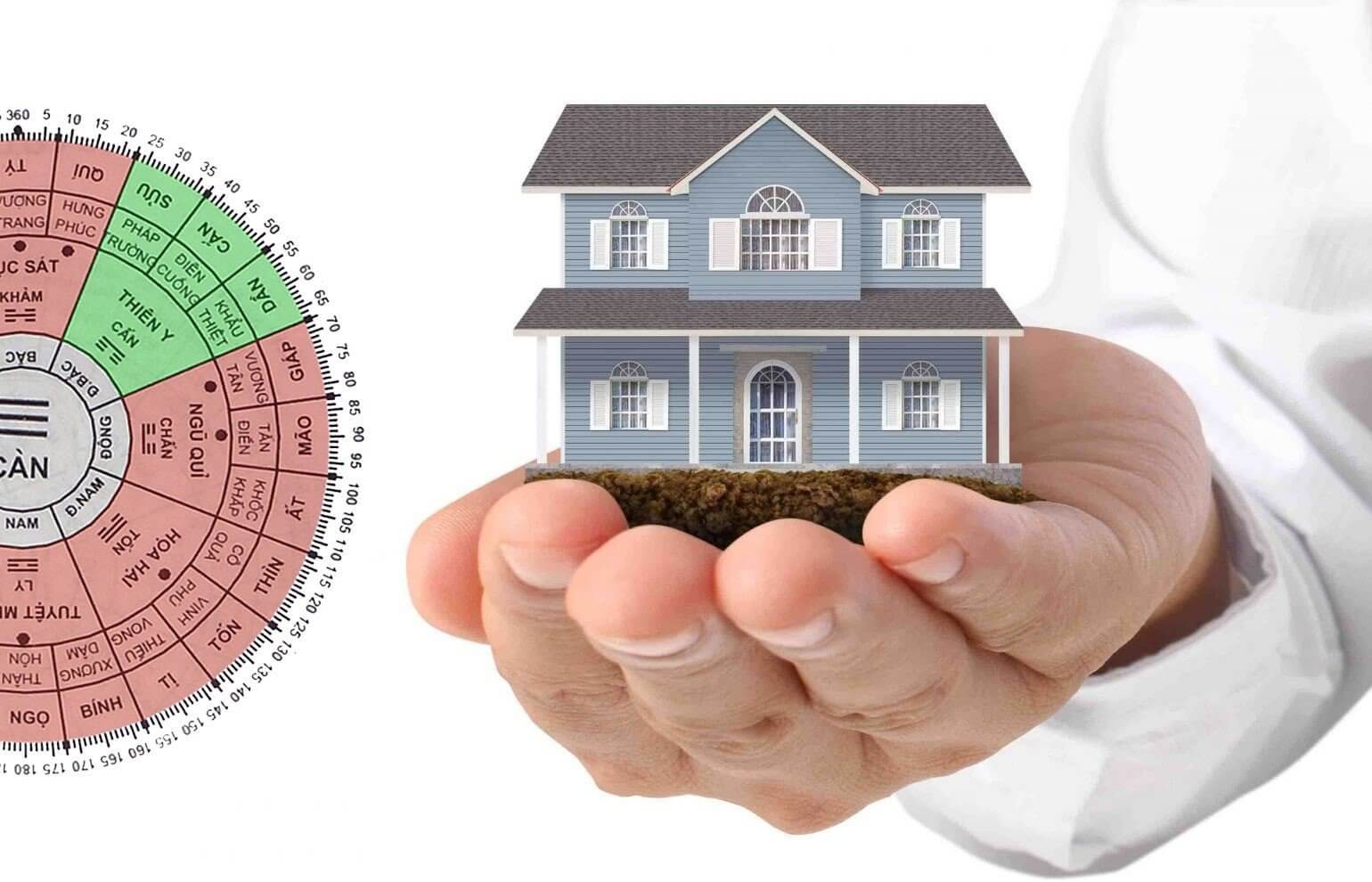 Người cầm ngôi nhà nhỏ và la bàn phong thủy, biểu tượng cho việc xem hướng nhà và phong thủy.