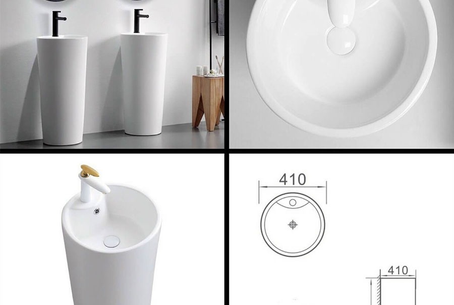 Bộ chậu rửa tròn đứng hiện đại, kích thước 410mm, với vòi nước đen, hoàn hảo cho không gian phòng tắm.