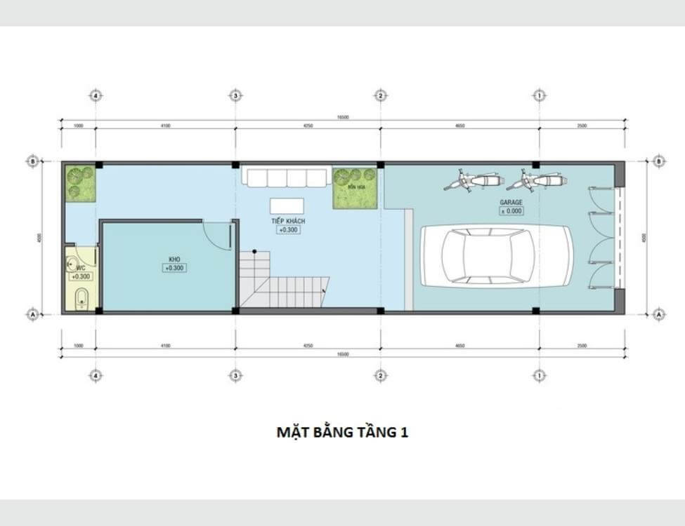 vi-tri-bo-tri-gara-1 Sơ đồ mặt bằng tầng 1 với phòng khách, nhà xe, phòng kho và WC, hiển thị chi tiết bố trí nội thất.