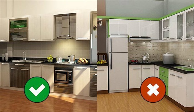 vi-tri-dat-bep-phu-hop-voi-nha-huong-tay-nam So sánh hai gian bếp: bên trái tối ưu hóa, bên phải không tối ưu hóa, minh họa bằng biểu tượng đánh dấu.