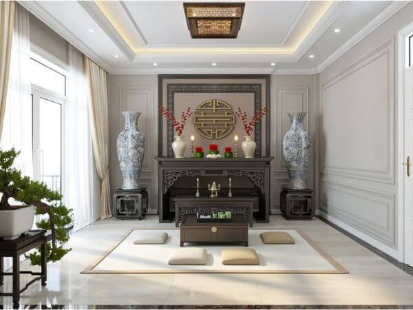 Căn phòng thờ trang nghiêm với đồ nội thất sang trọng, hai bình hoa lớn và hoa văn cổ điển trên tường.