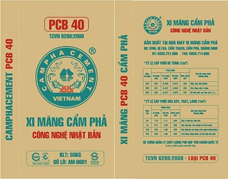 Bao xi măng Cẩm Phả PCB 40, công nghệ Nhật Bản, khối lượng 50kg, tiêu chuẩn TCVN 6260:2009.