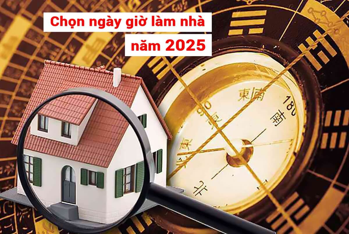 Chọn ngày giờ làm nhà năm 2025 với la bàn phong thủy và mô hình ngôi nhà dưới kính lúp.