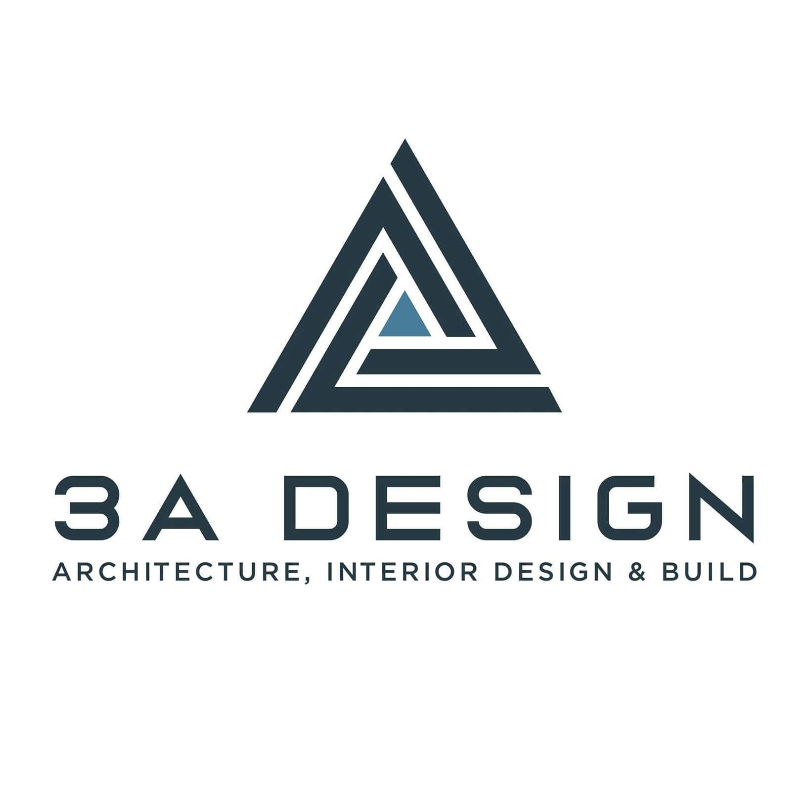Logo của 3A Design: Kiến trúc, thiết kế nội thất và xây dựng với biểu tượng hình tam giác.