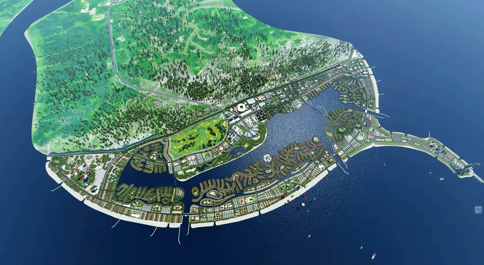Bản đồ công trình ven biển với hệ thống nhà, cây xanh và đường lộ, khung cảnh thiên nhiên và biển xanh rõ nét.