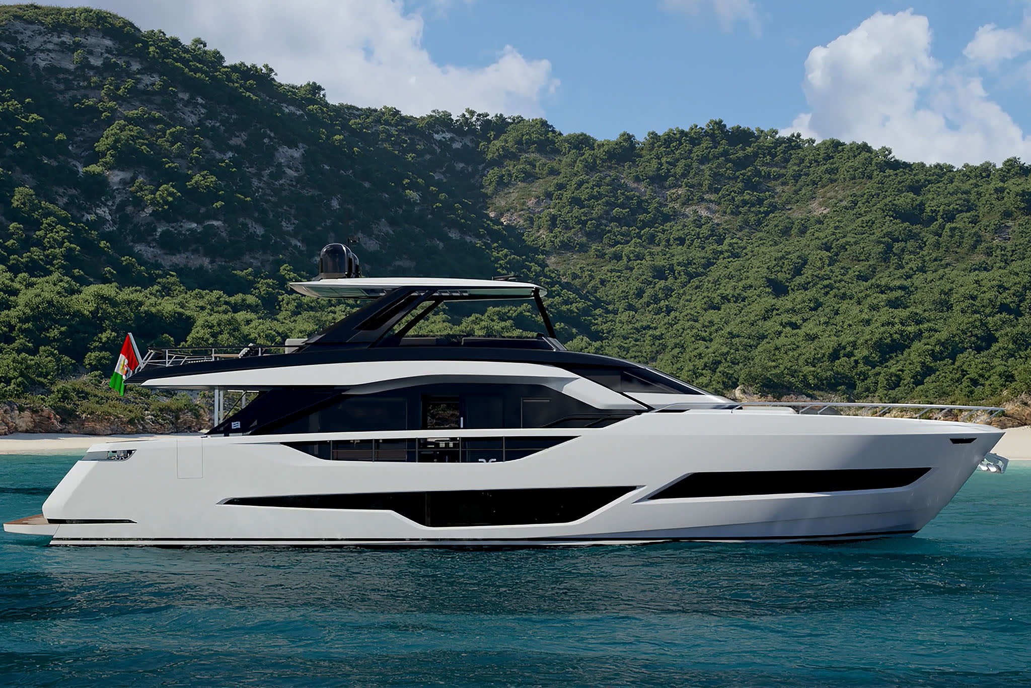 Du thuyền sang trọng trên biển gần đảo xanh, trời quang mây trắng, cảnh đẹp thiên nhiên hữu tình.