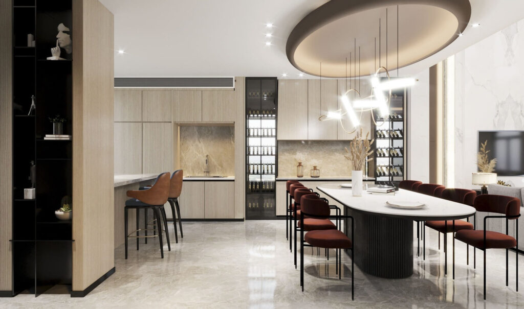Phòng bếp sang trọng với bàn ăn lớn, đèn treo hiện đại và ghế đỏ, thiết kế nội thất gỗ và đá cẩm thạch.