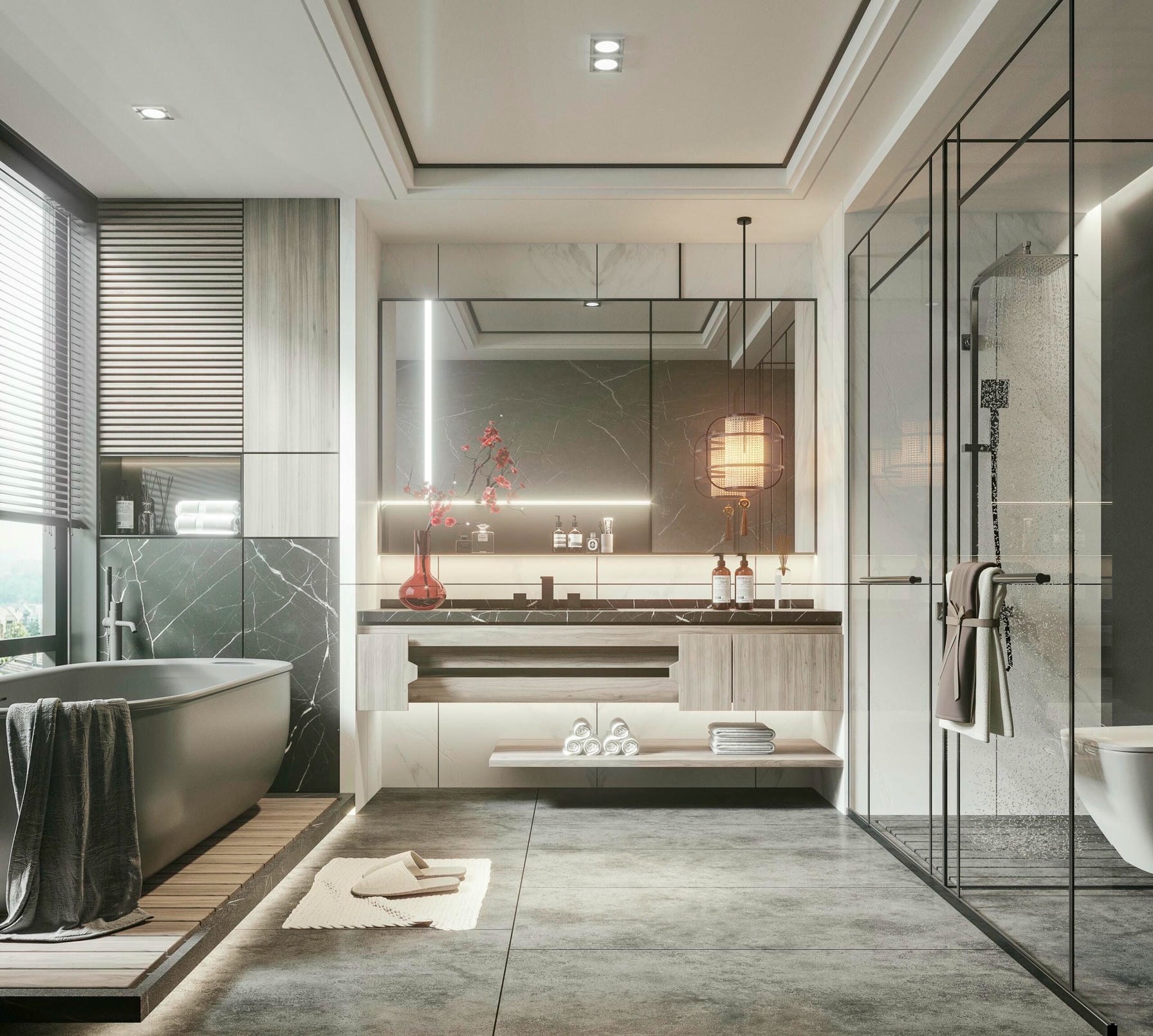 Phòng tắm hiện đại với bồn tắm đen, ánh sáng tinh tế và nội thất sang trọng.