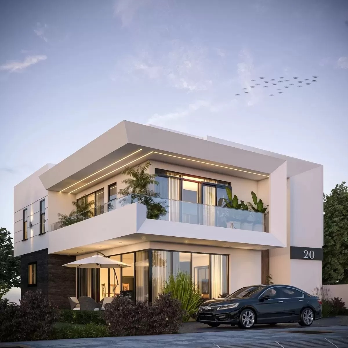 Nhà hiện đại hai tầng với cửa kính và xe hơi đỗ trước. Bầu trời trong xanh, cây xanh xung quanh.