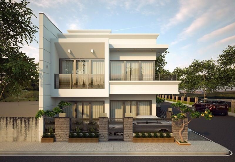 Nhà hai tầng hiện đại với cửa sổ kính lớn và cây xanh trước mặt, phong cách thiết kế tối giản tinh tế.