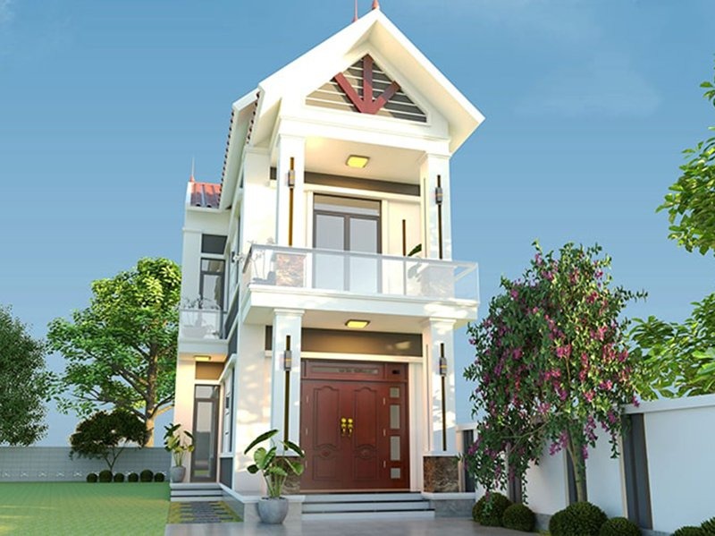Nhà 2 tầng hiện đại, sơn trắng, cây xanh xung quanh, cửa gỗ lớn, ban công kính.