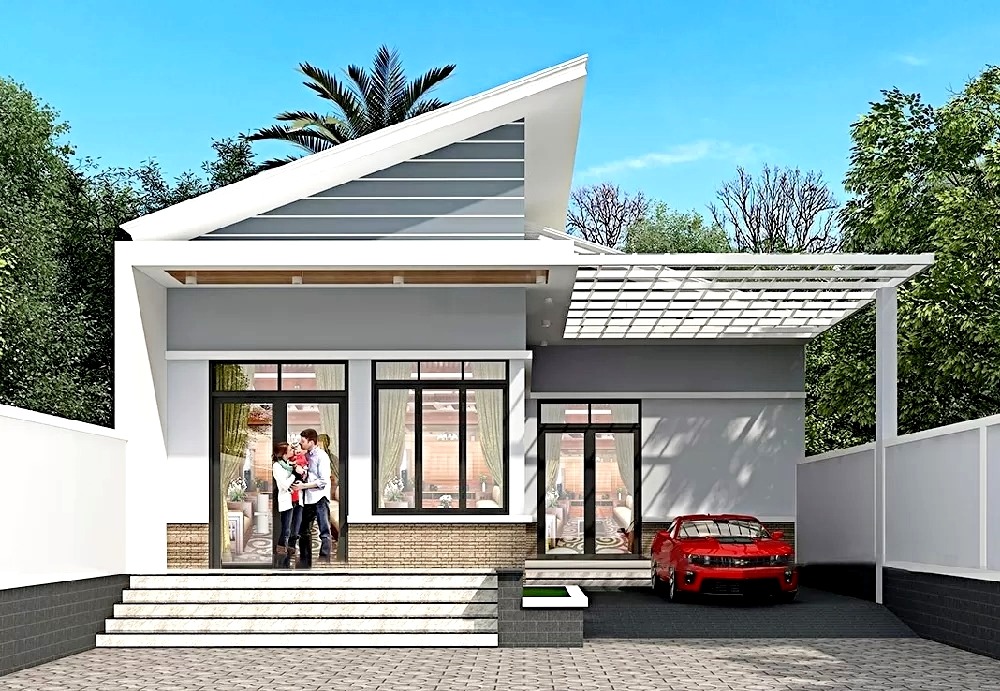 Nhà một tầng hiện đại với mái chéo, cửa kính lớn, xe hơi đỏ, cây xanh và bầu trời trong xanh.