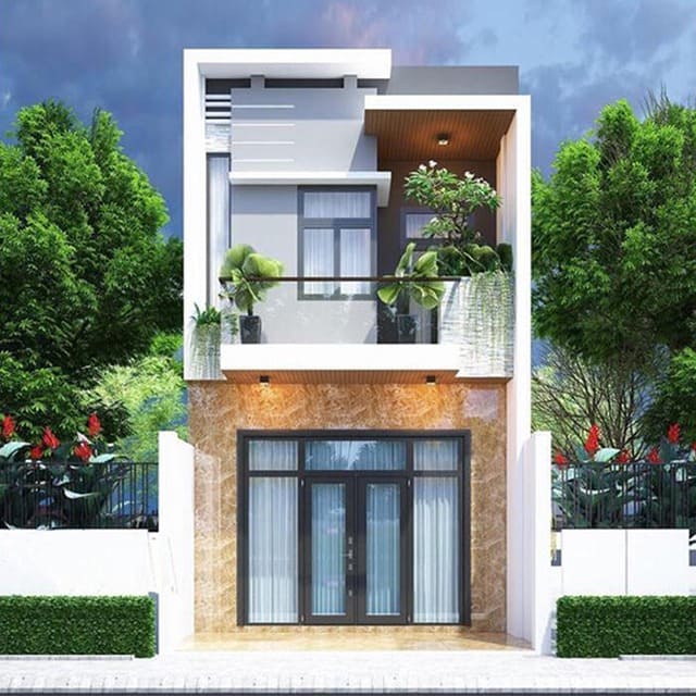 Nhà phố hiện đại 2 tầng, mặt tiền sang trọng, mái bằng, cây xanh, cửa kính lớn, không gian sống thoáng đãng.