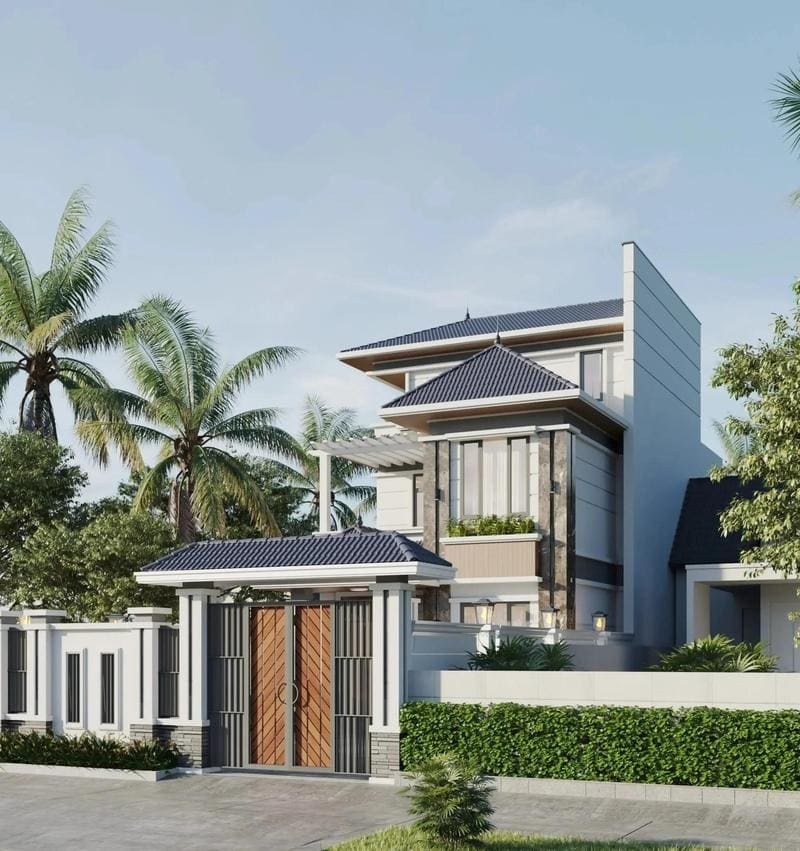 Ngôi nhà hiện đại với mái xanh, sân vườn và cổng gỗ, xung quanh nhiều cây cọ tươi tốt.