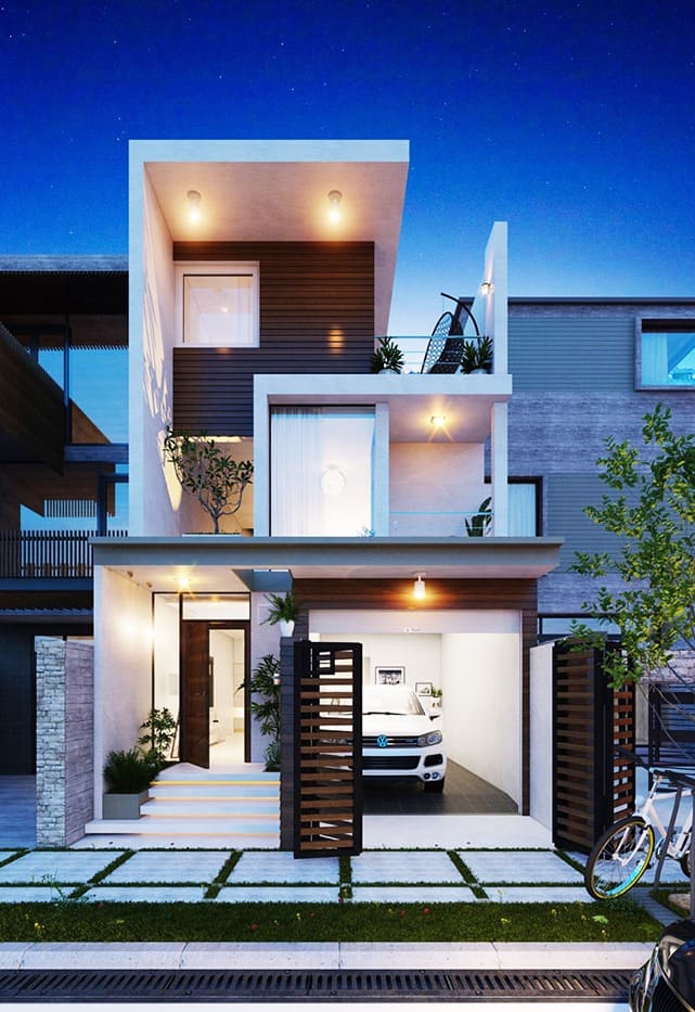 Ngôi nhà hiện đại với thiết kế ba tầng, ánh sáng ấm áp và sân vườn, xe ô tô đậu trong gara.