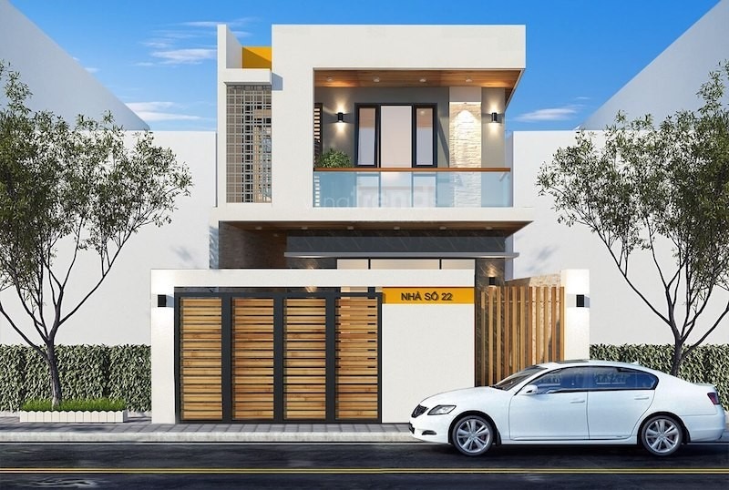 Ngôi nhà hiện đại hai tầng với xe hơi trắng đỗ trước cửa, có biển Nhà số 22.