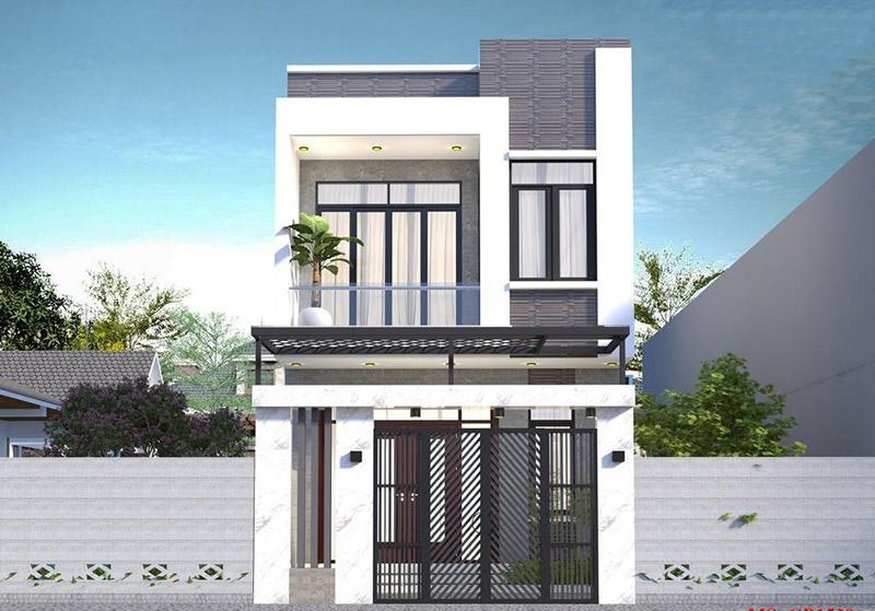 Mặt tiền nhà phố hiện đại hai tầng với cửa kính lớn và cây xanh trang trí.