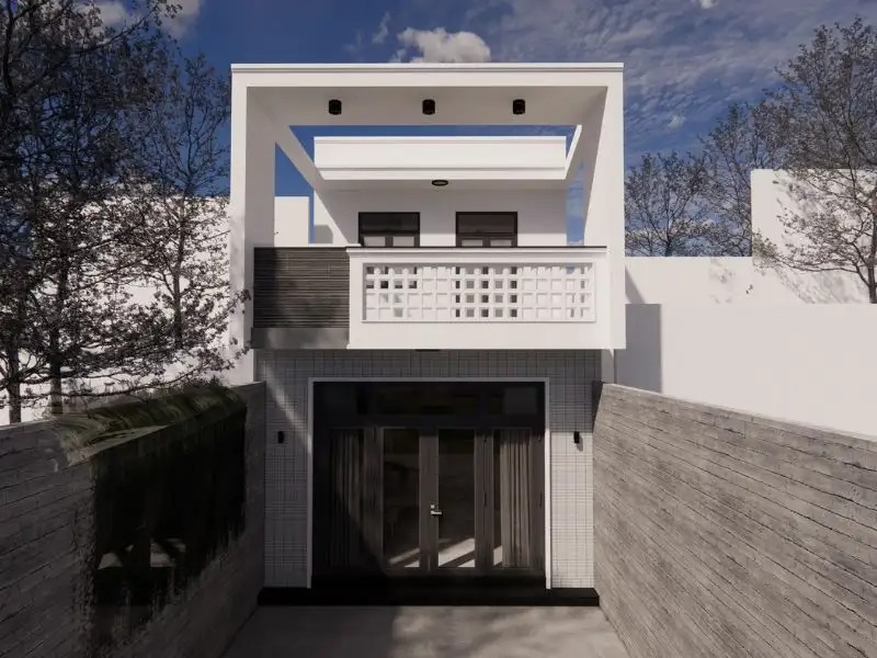 Nhà hiện đại hai tầng màu trắng với ban công, cửa kính, và hàng cây trụi lá xung quanh, bầu trời xanh trong.