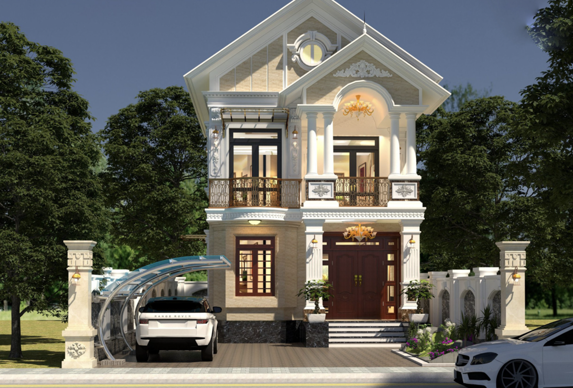 Biệt thự 2 tầng sang trọng với ban công và gara ô tô, bao quanh bởi cây xanh.