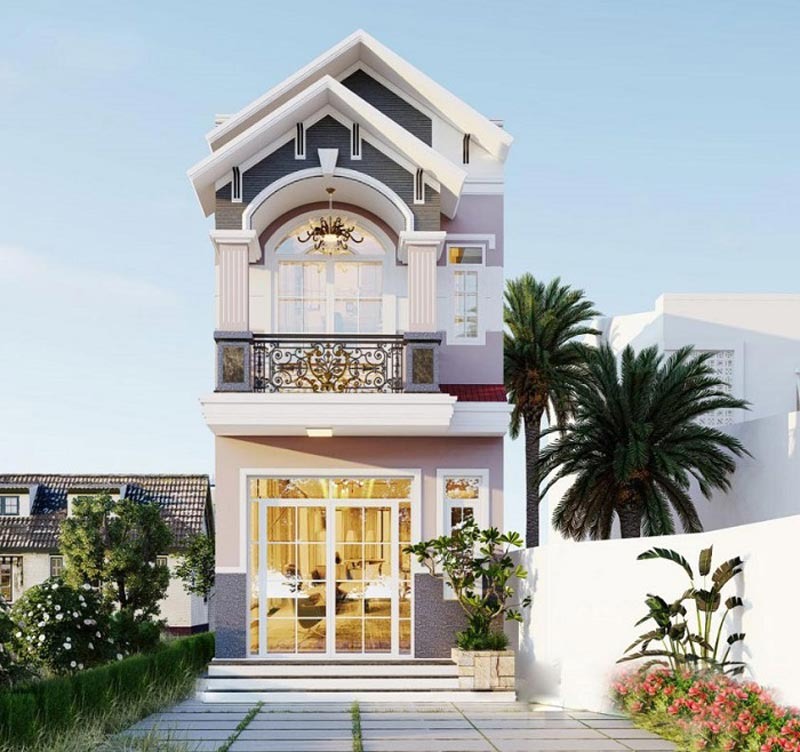 Nhà 2 tầng hiện đại, sân vườn xanh, phong cách kiến trúc châu Âu, ban công trang trí tinh tế.