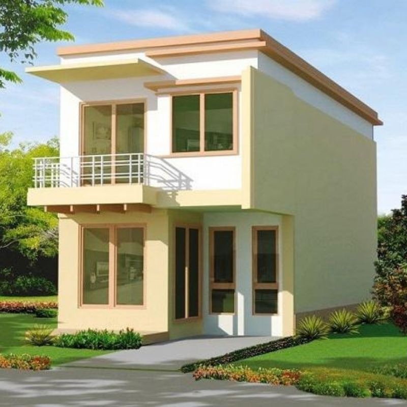 xay-nha-2-tang-voi-300-trieu-o-nong-thon-co-kha-thi-khong Nhà hai tầng hiện đại, có ban công và cửa sổ lớn, nằm trong khu vườn xanh mát.