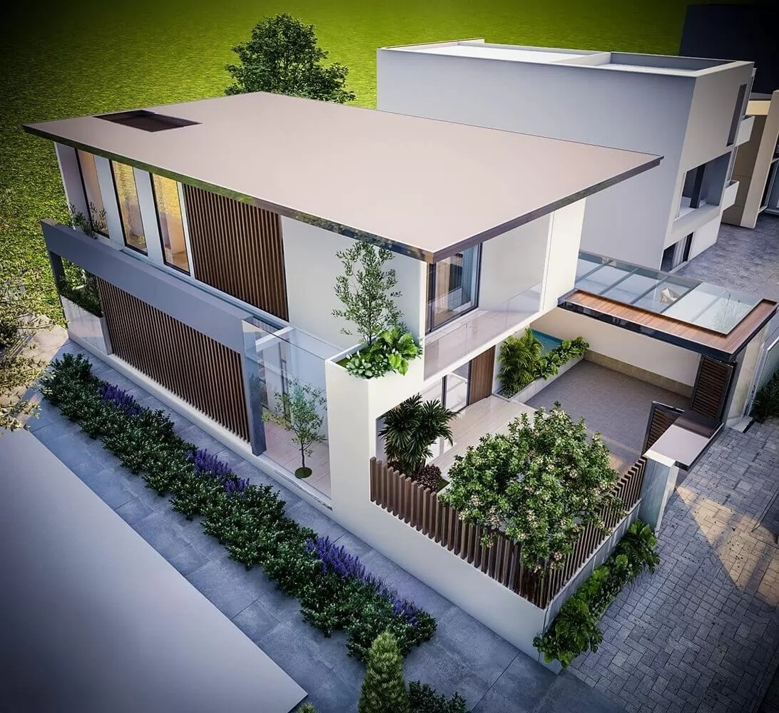 Nhà hiện đại với thiết kế hai tầng, mái bằng và cây xanh bao quanh, tạo cảnh quan xanh mát.