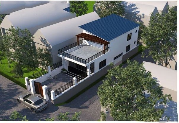 Nhà hiện đại hai tầng với mái xanh, sân rộng và cổng sắt, cây cối xung quanh.