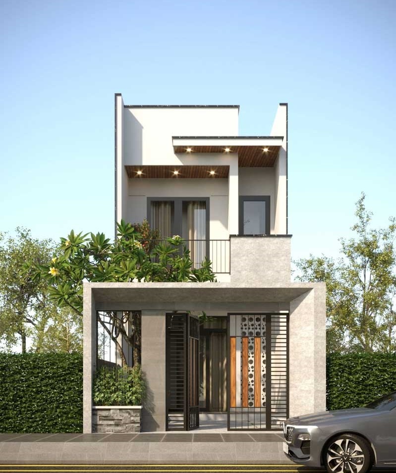 Nhà phố 2 tầng hiện đại với cổng sắt và cây xanh xung quanh, ô tô đỗ trước cửa.