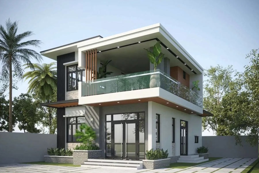 Nhà hai tầng hiện đại với ban công kính và cây xanh, bao quanh là cảnh quan thiên nhiên.