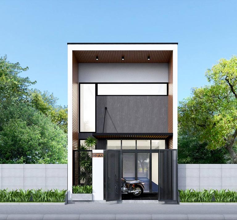 Nhà phố hiện đại 2 tầng, thiết kế tối giản, với cây xanh xung quanh, mang phong cách kiến trúc đương đại.