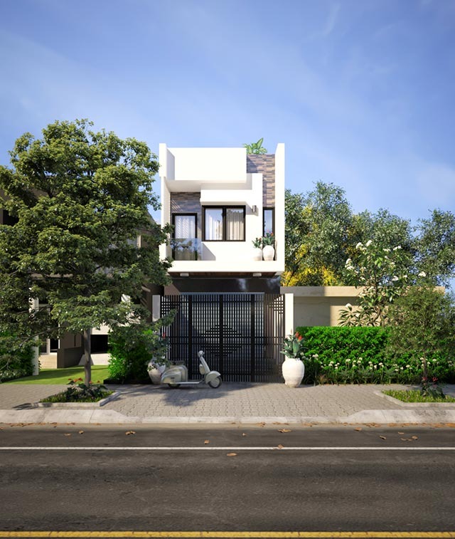 Nhà phố hiện đại với cây xanh trước cổng, thiết kế tầng hai sang trọng tại Việt Nam.