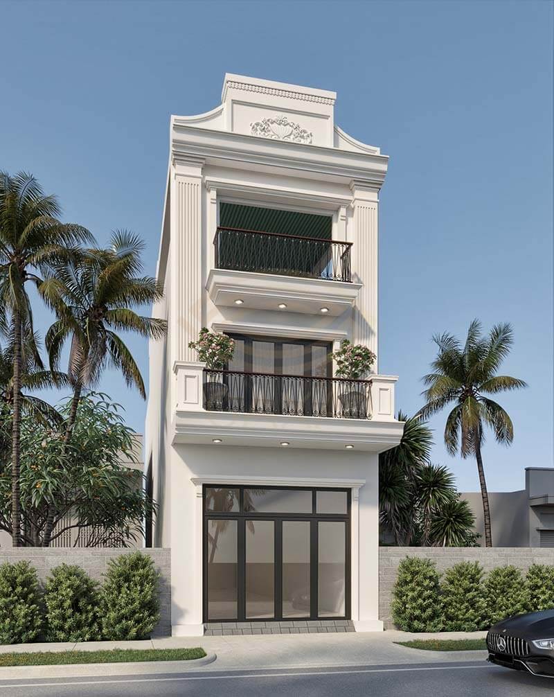 xay-nha-ong-3-tang-5x15m-4-phong-ngu-het-bao-nhieu-tien Nhà phố ba tầng phong cách tân cổ điển với ban công rộng, cây xanh bao quanh, bầu trời trong xanh.