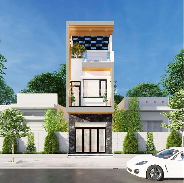 Nhà phố hiện đại, ba tầng, mặt tiền kính, xung quanh cây xanh, trời xanh, xe hơi đậu trước cửa.