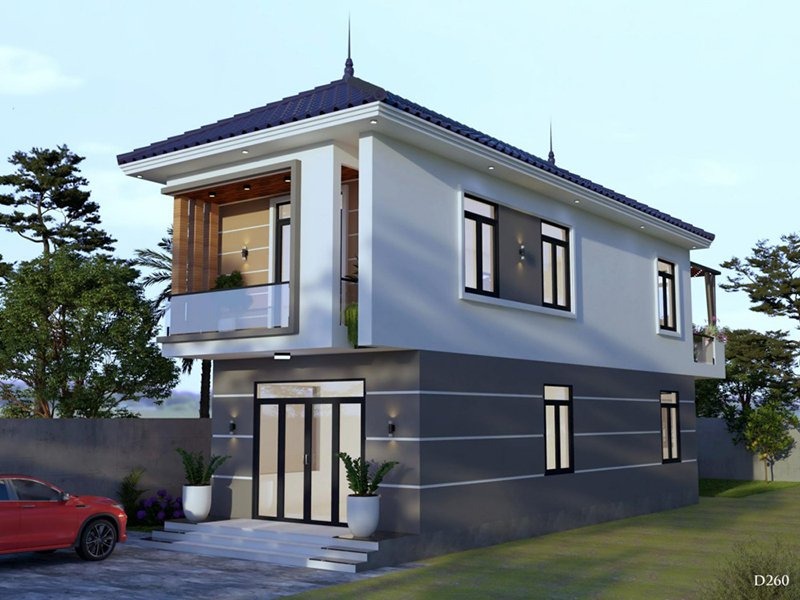 Nhà hai tầng hiện đại với mái ngói xanh, tường trắng xám, xe ô tô đỏ đậu bên cạnh, không gian xanh xung quanh.