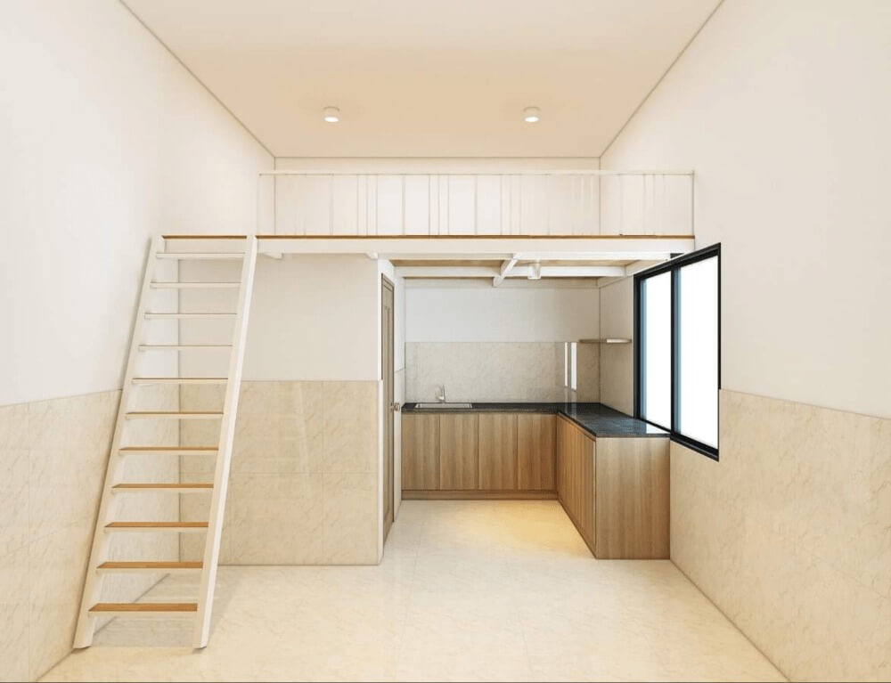 Phòng bếp nhỏ gọn có gác xép, ánh sáng tự nhiên từ cửa sổ lớn, bậc thang và màu sắc hiện đại, tối giản.