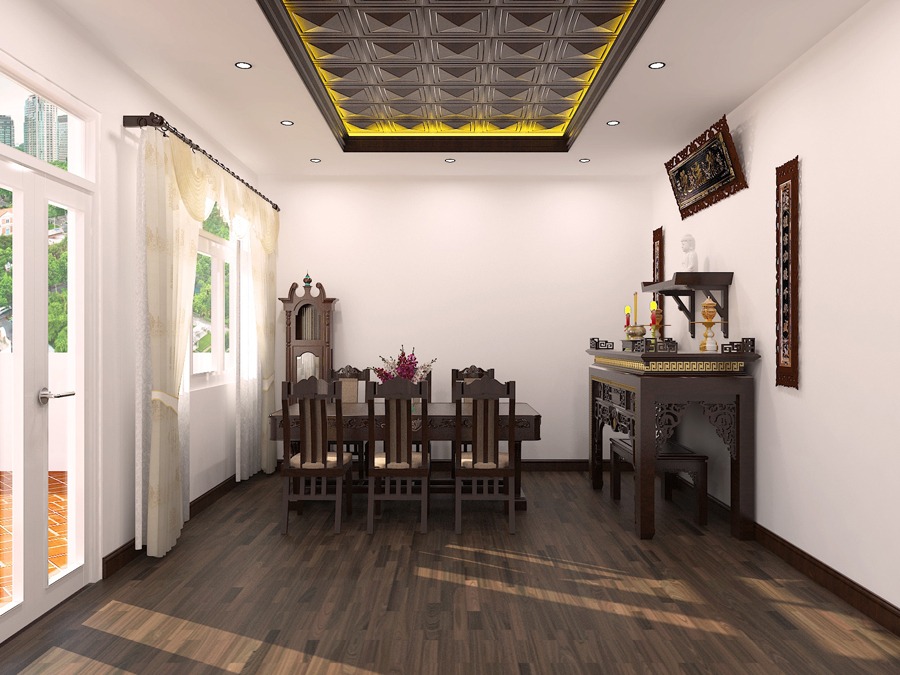 xay-phong-tho-tren-san-thuong Phòng ăn phong cách truyền thống Việt Nam với bàn gỗ, trang trí tinh tế và ánh sáng tự nhiên.