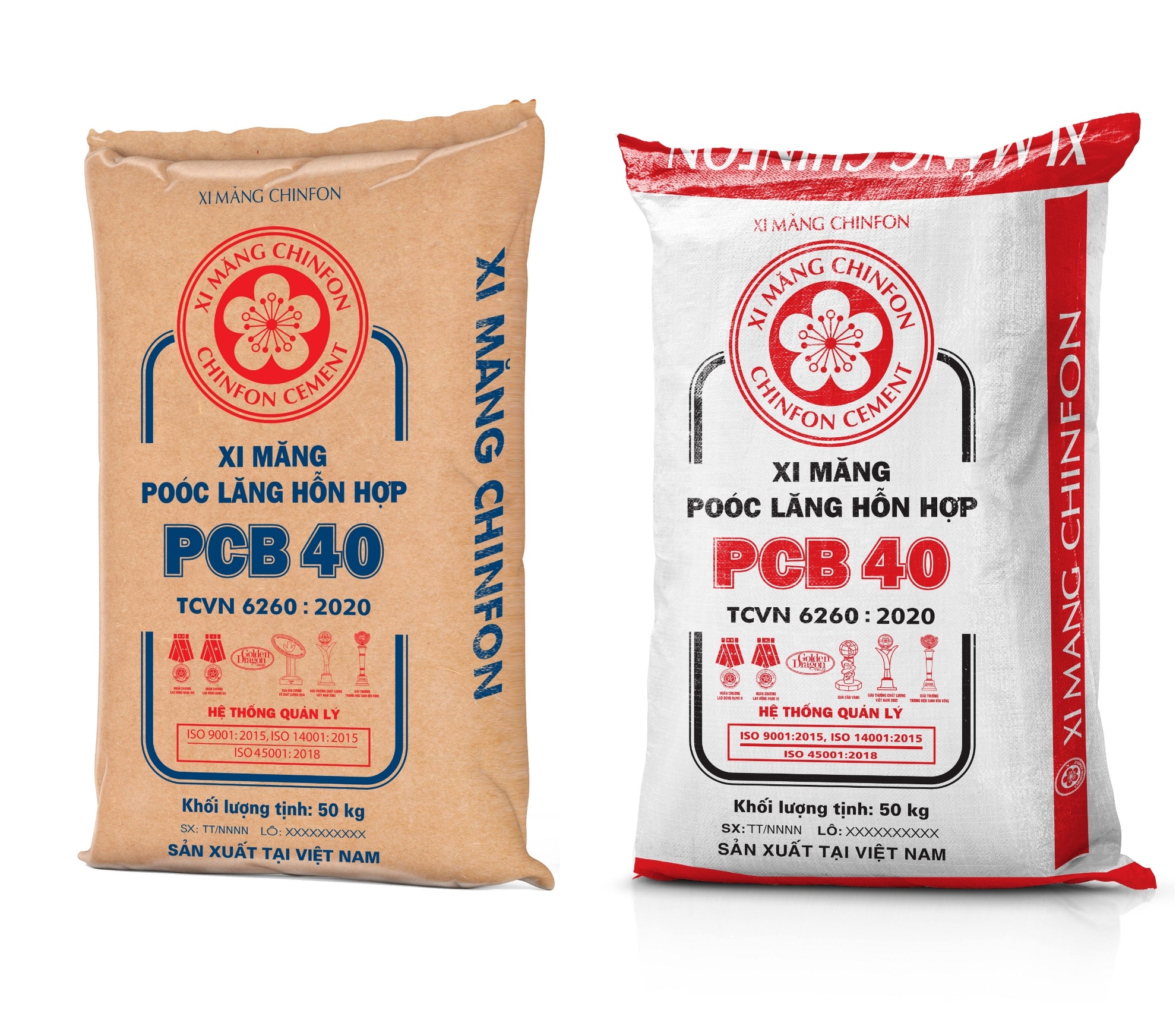 xi-mang-chinfon Hai bao xi măng Chinfon PCB 40, khối lượng 50kg, tiêu chuẩn TCVN 6260:2020, sản xuất tại Việt Nam.