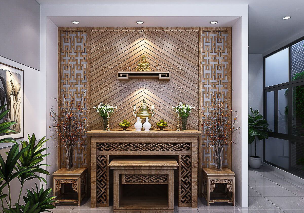 Bàn thờ gỗ sang trọng với tượng Phật, hoa trang trí, và trái cây tại nhà, phong cách trang trí truyền thống.