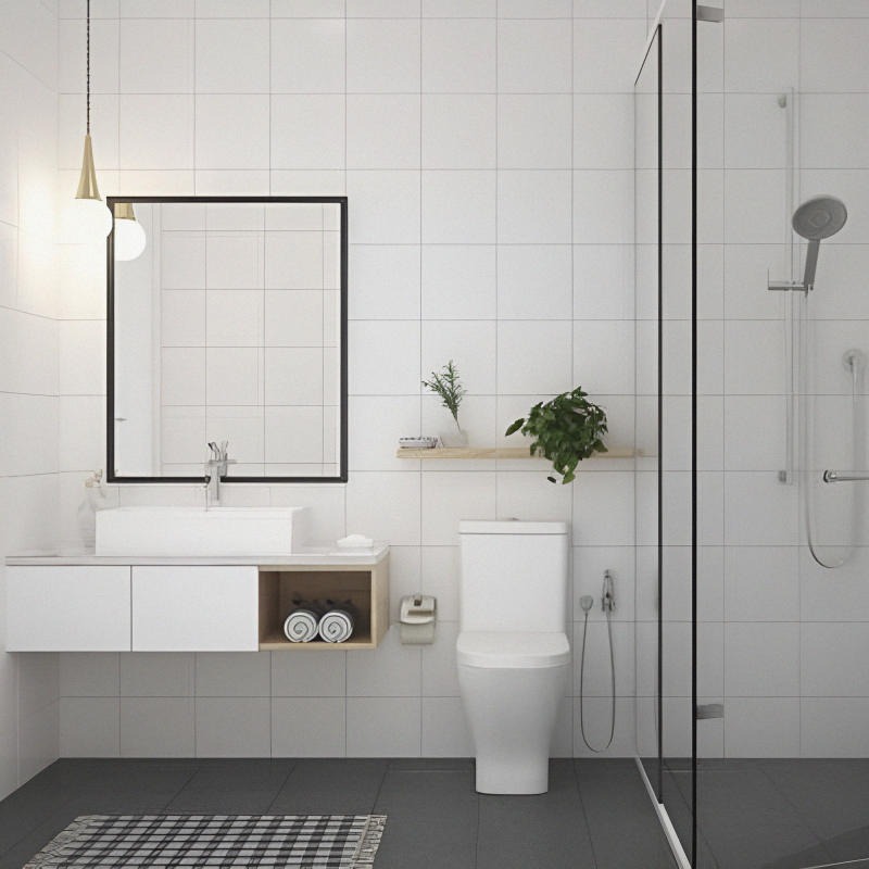 Phòng tắm hiện đại với gương lớn, bồn rửa mặt trắng, vòi sen sang trọng, và cây xanh trang trí trên kệ gỗ.