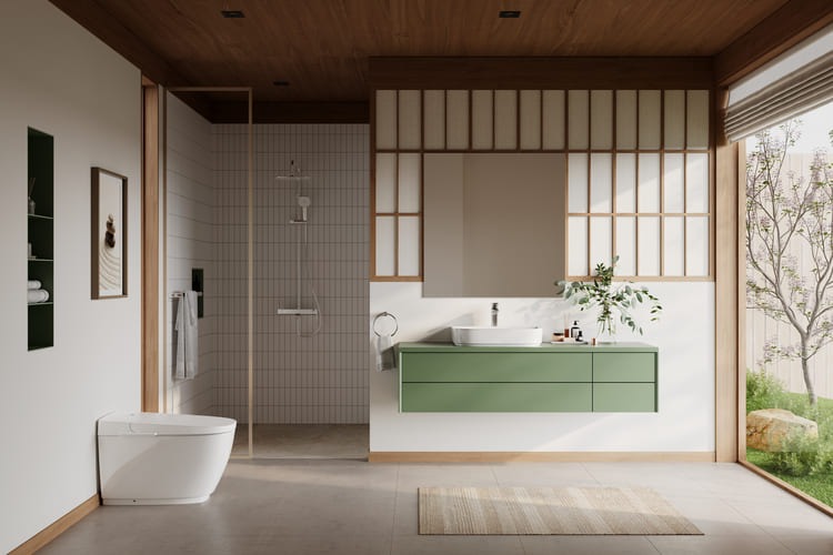 Nhà vệ sinh phong cách Nhật Bản hiện đại với bồn rửa, vòi sen, cửa sổ lớn và nội thất gỗ tự nhiên.