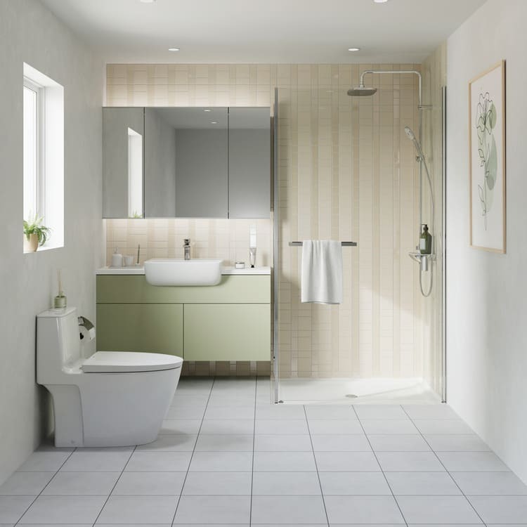 Phòng tắm hiện đại với bồn cầu, chậu rửa và vòi sen, tông màu trắng xám, tủ xanh lá nhạt.