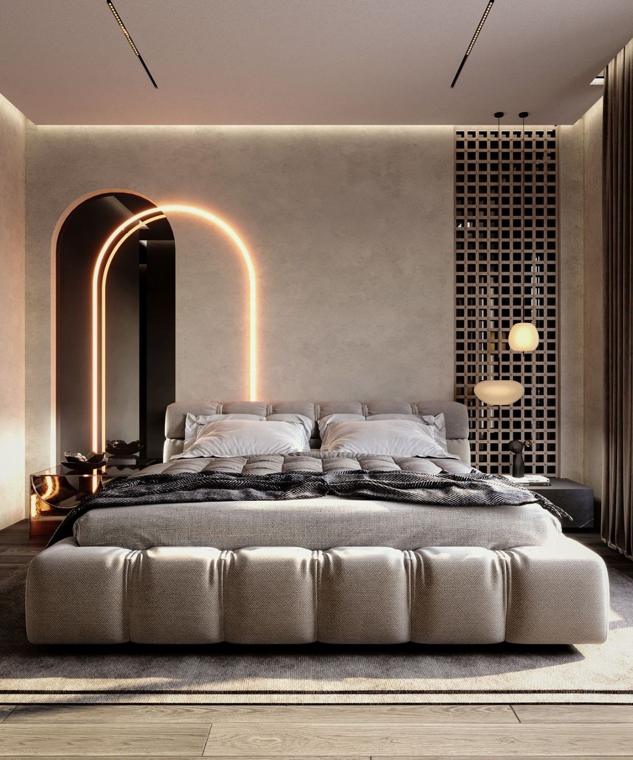 Phòng ngủ hiện đại với giường lớn, ánh sáng LED và thiết kế nội thất tối giản.