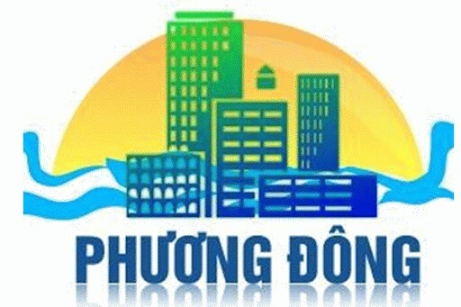 Logo tòa nhà Phương Đông nổi bật trên nền mặt trời mọc, biểu tượng hiện đại và phát triển.