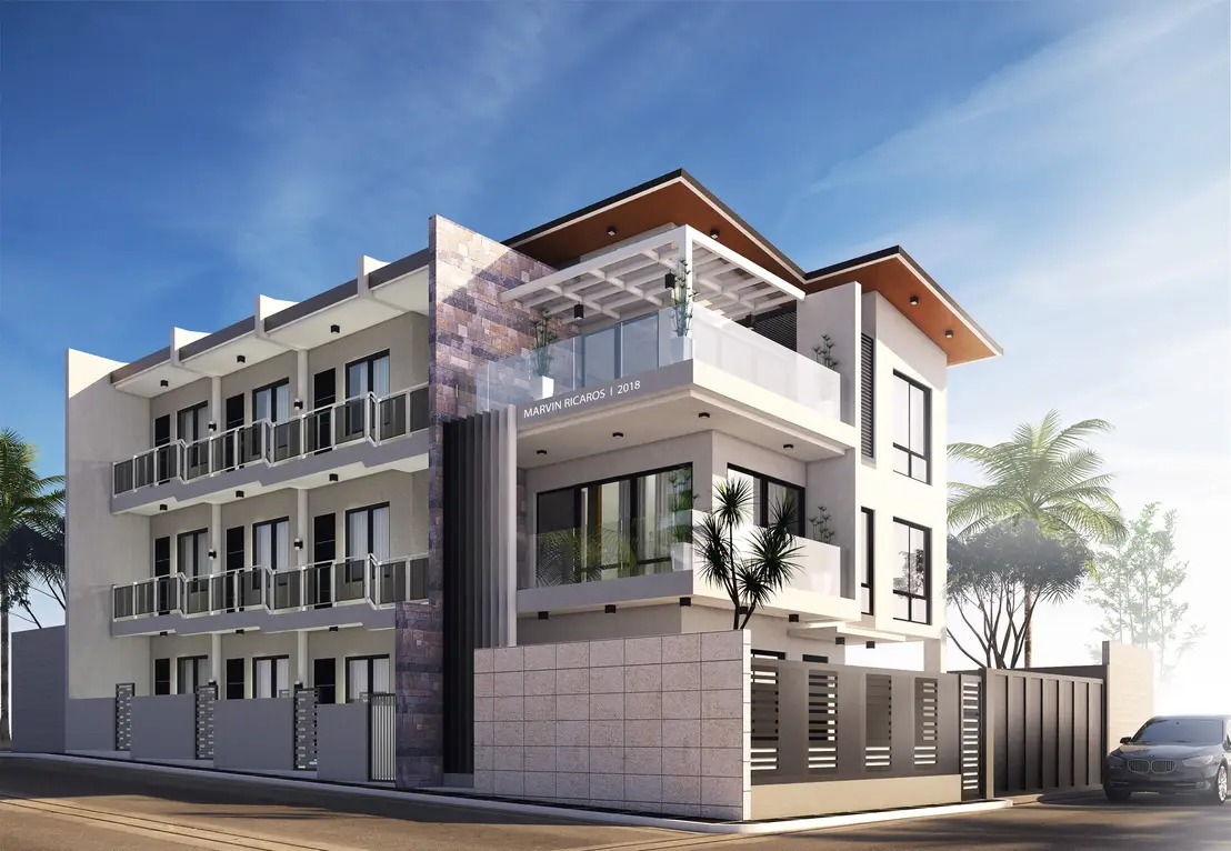 Tòa nhà hiện đại ba tầng với ban công rộng, cây cối xung quanh và xe hơi đậu phía trước.