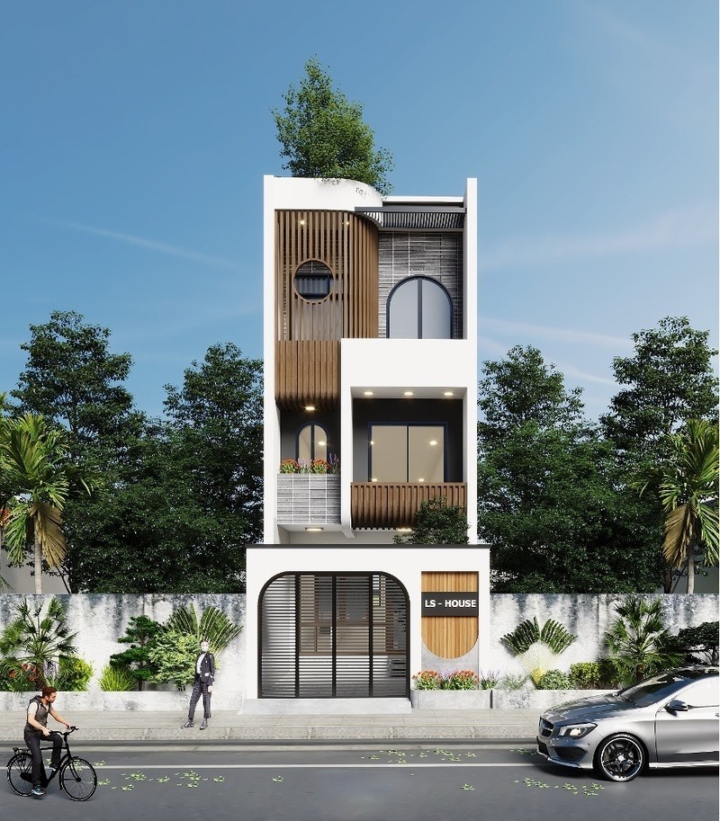 Nhà phố hiện đại, ba tầng, thiết kế sáng tạo với cây xanh, cửa sổ lớn, mặt tiền LS House, giao thông phía trước.