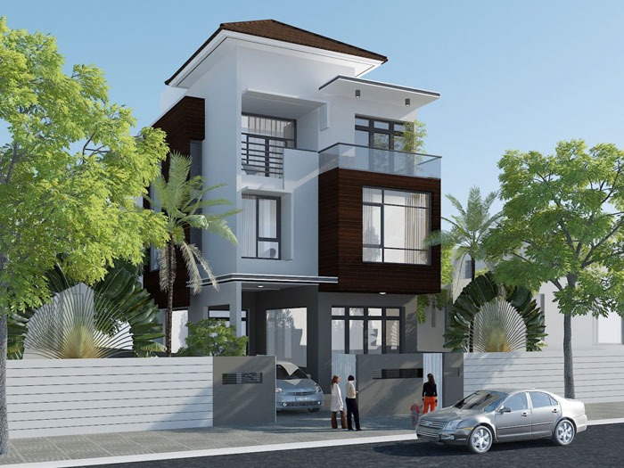 Nhà 3 tầng hiện đại, hai ô tô đỗ trước cổng, cây xanh xung quanh.