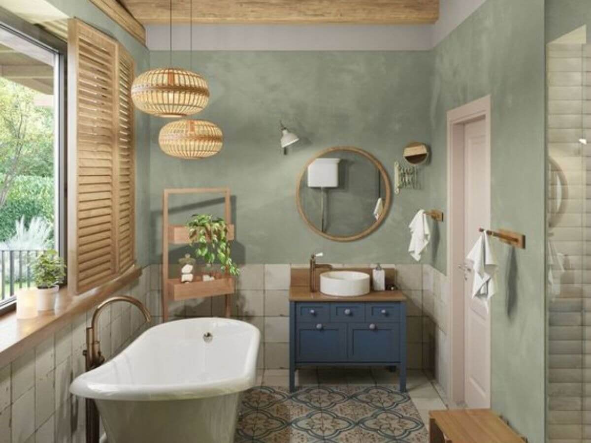 Phòng tắm phong cách cổ điển với bồn tắm độc lập, gương tròn, đèn treo và cây xanh.