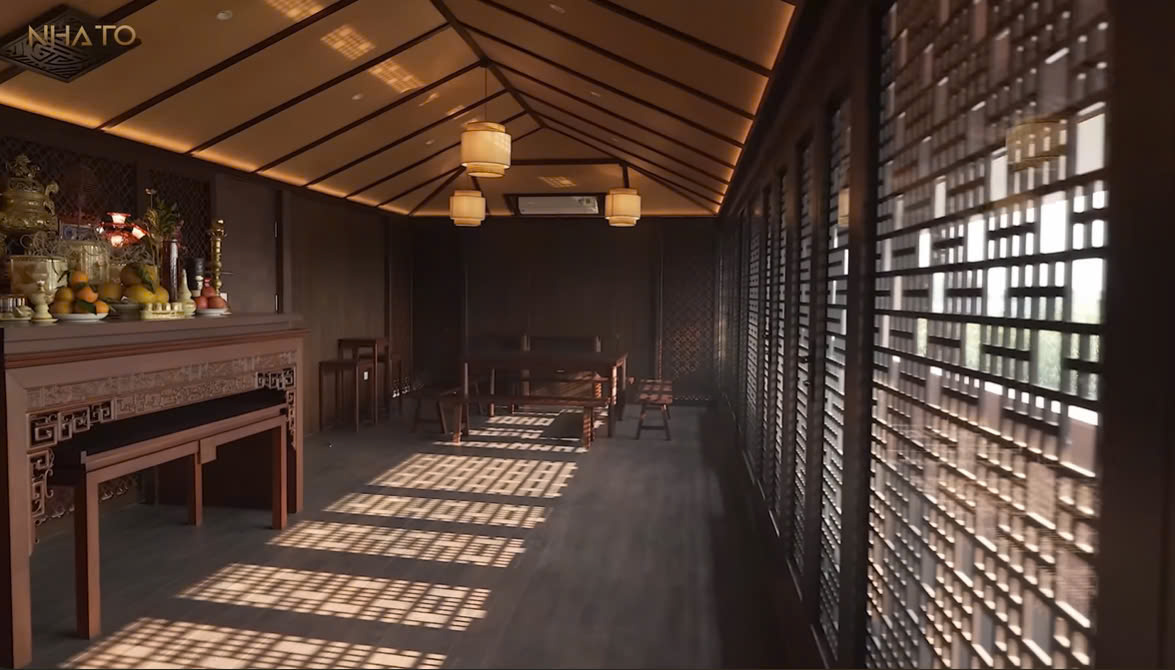 z6620973370359_45d66b0e542a77818df9628fd7154f18 Phòng thờ nội thất gỗ truyền thống với ánh sáng tự nhiên, đèn lồng và bàn ghế gỗ.